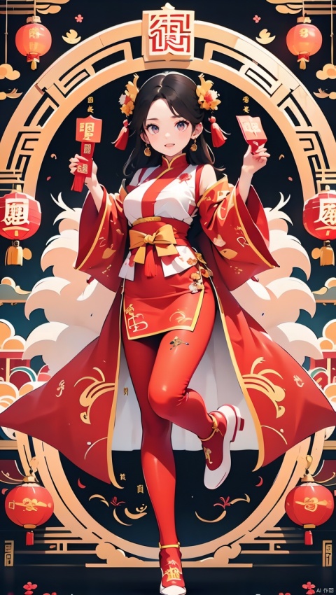 1girl,Chinese New Year,Welcoming Spring Girl,Spring welcome clothing,Hanfu,Chinese knot,Red Theme,White top,Big long legs,Red skirt,The huge mecha building behind it,full body,front,Animal mechs crossing over their feet,Tassel earrings,Looking up,Red leggings,dragon,ancient Chinese architecture,Red Lantern,Zhang Deng Jie Cai,Full of joy and joy,Spring Festival couplets,Ancient Chinese script,Brown eyes,Clothing printing, Bride in wedding attire,Red wedding dress, Chinese Dragon,The Year of the Dragon in China