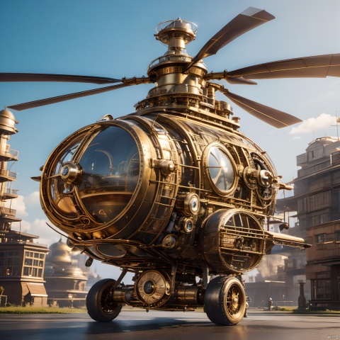 The best quality, masterpiece, steampunk, steampunk world, steampunk helicopter, complex structure, super details, metallic texture, high reflection, ultra wide angle lens,