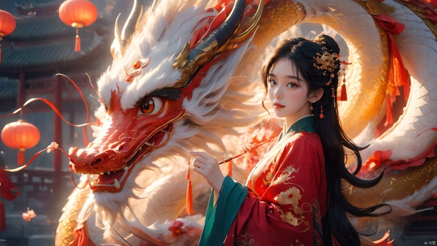 The girl and the Chinese dragon,Chinese dragon,1girl,Chinese Hanfu, Chinese dragon, glow