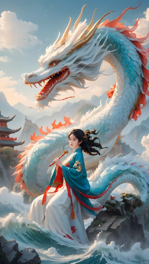 The girl and the Chinese dragon,Chinese dragon,1girl,black hair,blue sky,Chinese Hanfu,squama ,The hair on the faucet,Ultimate details,Dragon horn,The graceful and winding dragon body,cloud,cloudy sky,day,White Dragon,prospect,The girl stood on a suspended tree trunk, leaning sideways, appearing small and full body,Open the dragon's mouth,dragon,eastern dragon,horizon,long hair,mountain,mountainous horizon,ocean,outdoors,scenery,sky,solo,standing,water,waves, Chinese dragon