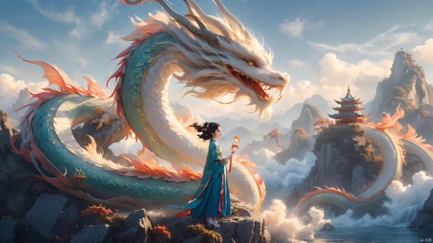 The girl and the Chinese dragon,Chinese dragon,1girl,black hair,blue sky,Chinese Hanfu,squama ,The hair on the faucet,Ultimate details,Dragon horn,The graceful and winding dragon body,cloud,cloudy sky,day,White Dragon,prospect,The girl stood on a suspended tree trunk, leaning sideways, appearing small and full body,Open the dragon's mouth,dragon,eastern dragon,horizon,long hair,mountain,mountainous horizon,ocean,outdoors,scenery,sky,solo,standing,water,waves, Chinese dragon, glow