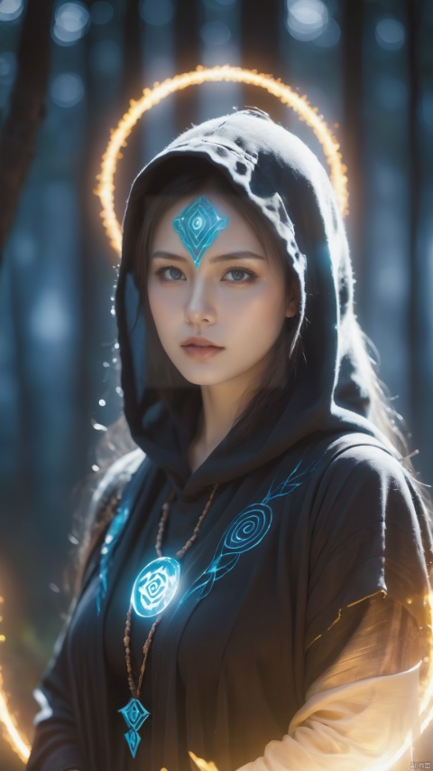 A ghostly female silhouette. Messenger of Nature God. Exiled shaman. integral mask.dark canvas toge. Canvas hood. Runic circle. Elements. Power from inside. Glowing eyes. Bokeh blur. photorealistic,