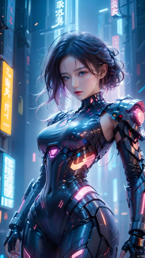  1girl,Future style gel coat,Future Combat Suit,armor,blurry background,bodysuit,breasts,building,Glowing Clothing,Shoulder mecha,Oblique lateral body,Above the knee,Grey gel coat,Upper body,Clothing with multiple light sources,city,cowboy shot,cyberpunk,depth of field,looking at viewer,medium breasts,realistic,science fiction,solo,standing, Arien view,A cyberpunk girl