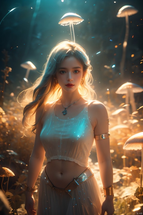  1girl,wearing Collectable Space Age Pearlescent Bracers, soft focus, Modern Art, （key light：1.2）,flower,jellyfish, Grayscale, glittering, runes,( Light streaks:1.3), （highly detailed：1.3）, 8K,jellyfishforest,,Fractal,smoke, cloud,Soaring through the clouds and mist, Colored hair,Colored smoke,moyou, Multidimensional diffraction paper, , glow