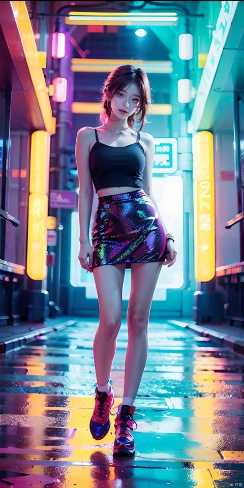 (best quality:1.3),(masterpiece:1.2),16k,Neon light background,Cyberpunk background,Cyberpunk,The lighting effect reflected by neon lights on the character's body,Neon lighting effect,1girl,breasts,building,collarbone,colored skin,full body,hologram,looking at viewer,medium breasts,neon lights,shoes,skirt,sleeveless,solo,standing