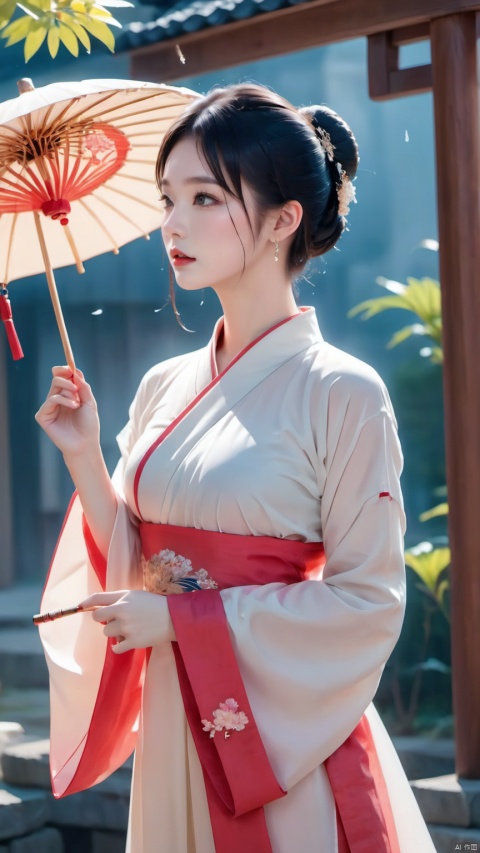 1girl, solo, black hair, hair ornament, long sleeves, dress, holding, jewelry, closed mouth, standing, earrings, wide sleeves, hair bun, from side, umbrella, chinese clothes, single hair bun, holding umbrella, oil-paper umbrella, updo, hanfu