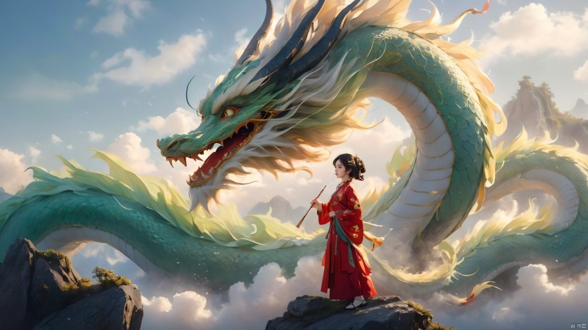 The girl and the Chinese dragon,Chinese dragon,1girl,black hair,cloud,Chinese Hanfu,squama ,The hair on the faucet,Ultimate details,Dragon horn,The graceful and winding dragon body,cloudy sky,day,The dragon's body approaches the girl,Mid to Long Range,Green Dragon,The girl stood on the stone, turned sideways, holding a cylindrical object in her hand, full body,Open the dragon's mouth,dragon,eastern dragon,hair ornament,horns,outdoors,oversized animal,scales,sky,solo,standing,teeth,water, Chinese dragon, glow