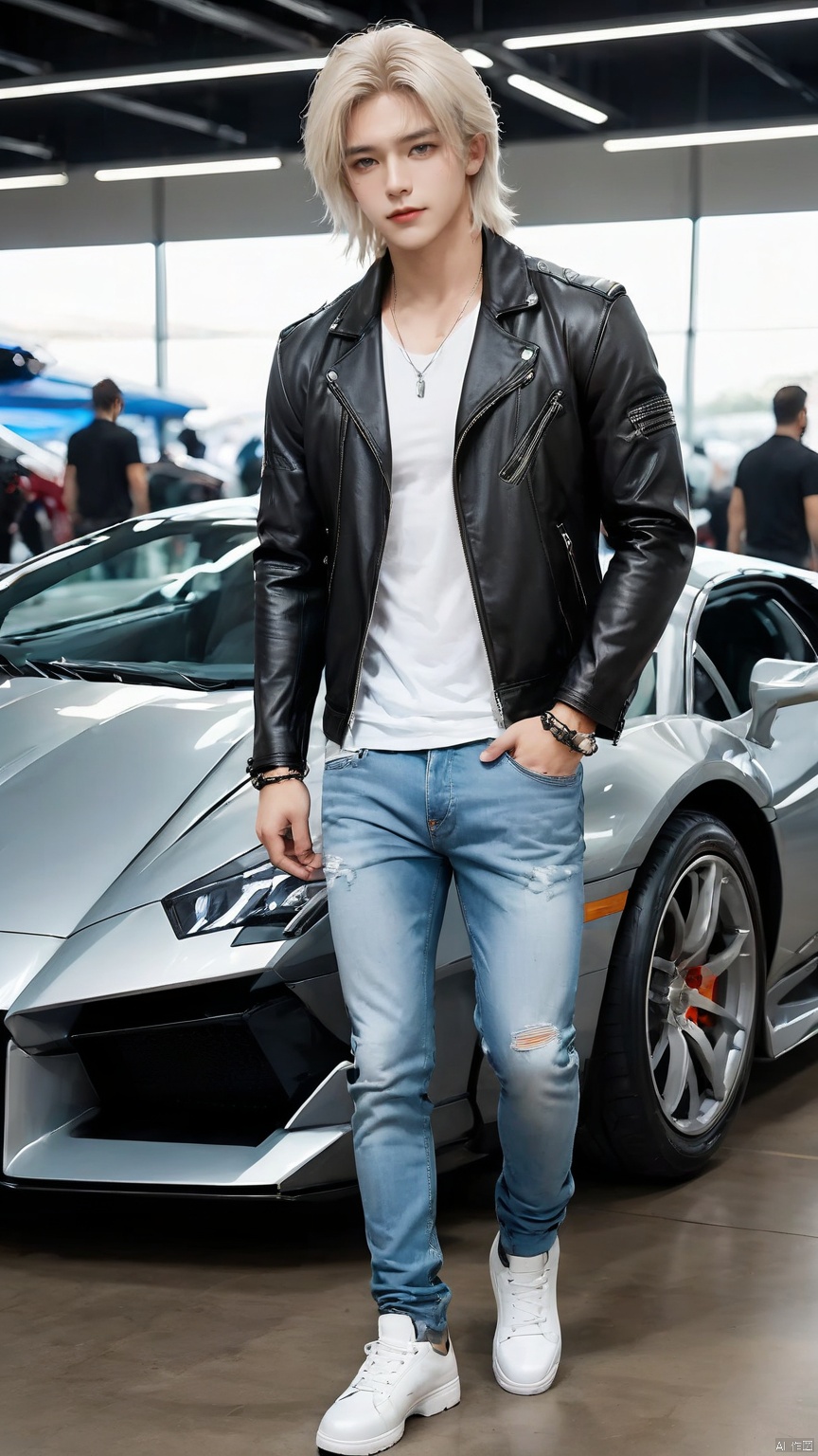 1boy, leather jacket, tight fitting T-shirt, ripped jeans, fashionable boots, white long hair, airplane head, bracelet, (supercar: 1.3), super mech ****, auto show