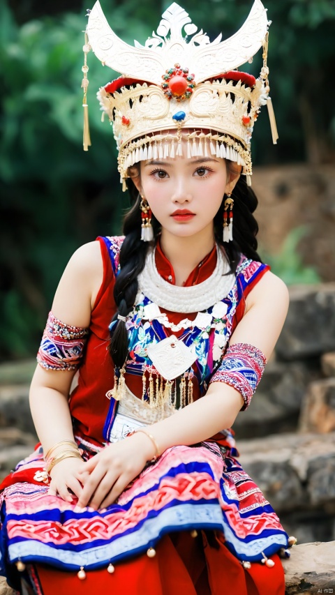 1girl, Slanting, upper body, above thigh, sitting position, bank, hands on thigh, blurred background, earrings, jewelry, lips, cloth headdress, complex jewelry, simple headdress, Hmong clothing, red printed Miao clothing, Miao Cloth Phoenix Crown, look at the audience, outdoors, their hands together, red lips, solo, hand