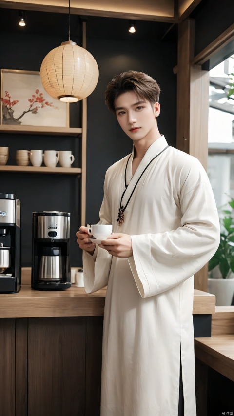 1boy,A handsome man wearing a loose-fitting hanfu style casual dress and holding a cup of modern tea set is standing in a modern coffee shop. The background of the coffee machine and the bookshelf highlights the scene of fashionable life that blends with traditional culture,