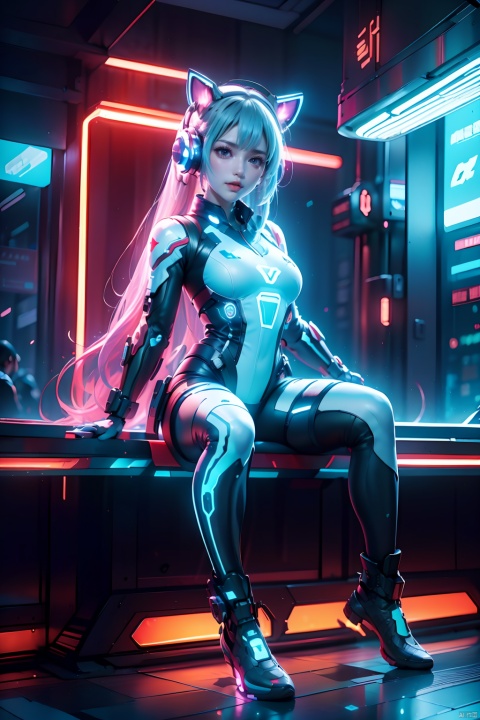  Optical particle,1girl,Future style gel coat,Future Combat Suit,animal ears,bodysuit,breasts,cat ear headphones,computer,hand on headphones,Glowing Clothing,Future Technology Space Station,full body,Sitting posture,Clothing with multiple light sources,headphones,headset,laptop,long hair,looking at viewer,motor vehicle,robot ears,science fiction,sitting,solo,Purple hair, glow, BY MOONCRYPTOWOW,(holographic projection), (cyberpunk style), (mechanical modular background), (Luminous circuit) (Flashing neon light) (Blue illuminated background) (Background blurring treatment), Light-electric style,shining,机械耳机