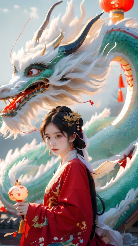 The girl and the Chinese dragon,Chinese dragon,1girl,Chinese Hanfu, Chinese dragon