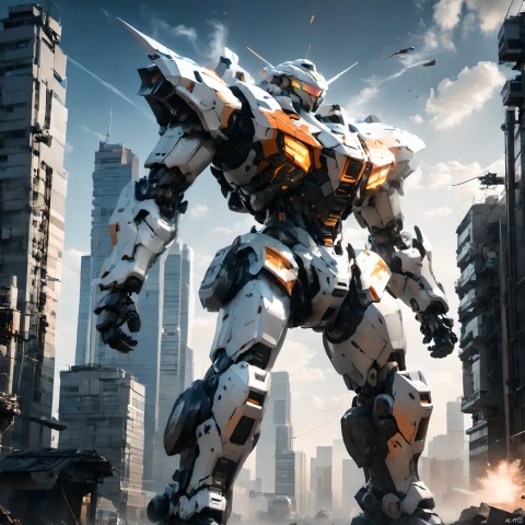  (masterpiece, best quality:1.2), Giant mecha, Vital Suits , building, city, city lights, cityscape, cloud, cloudy sky, destruction, evening, glowing, Luminous mecha, Complex mecha structure, White, orange, and black mecha, Strong mecha body, Multi light source mecha, Giant mecha firearms, full body, Super complex mechanical structure, holding gun, mecha, mountain, no humans, outdoors, power armor, realistic, ruins, science fiction, sky, skyline, skyscraper, smoke, weapon, 1girl,