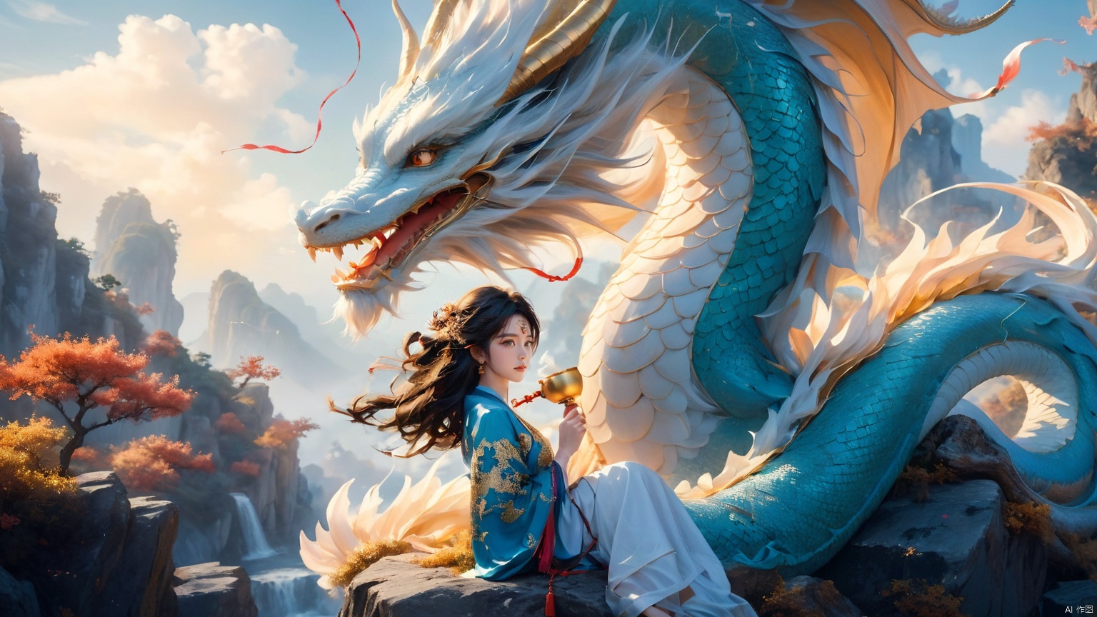 The girl and the Chinese dragon,Chinese dragon,1girl,bare shoulders,black hair,squama ,The hair on the faucet,Ultimate details,Dragon horn,blue sky,cloud,Close range,White Dragon,Golden Dragon Horn,The dragon head is suspended above the girl,The girl sat next to the dragon, on a rock, looking at the camera,Open the dragon's mouth,day,dragon,dress,eastern dragon,long hair,oversized animal,petals,scales,sky,solo,teeth,wind, Chinese dragon, glow