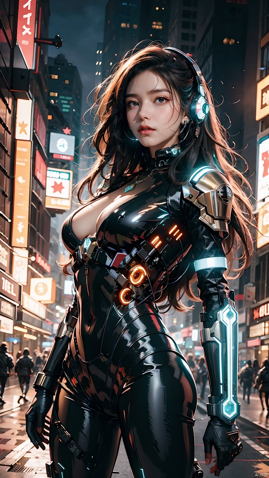 1girl,glowing,long hair,medium breasts,parted lips,realistic,solo,Black tight fitting latex suit,Glowing lines on the side chest,Upper body,Above thighs,The luminous energy core between the chest,Oblique lateral body,Looking up,The mechanical structure of the ribs,Mechanical armor emitting orange light on the thighs, arms, and shoulders,Mecha,Luminous earphones,Glowing mecha,Multi light source mecha,night,Urban background, neon lights, skyscrapers, 1girl,Cyberpunk,Mechanical earphones