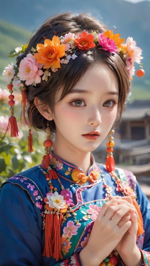  1girl,(Dynamic Pose:1.5),Chinese Yi ethnic clothing,A girl of the Yi ethnic group wears a colorful national dress and a garland of flowers. She holds a flower in her hand, and her eyes are full of tranquility and vitality, 1girl