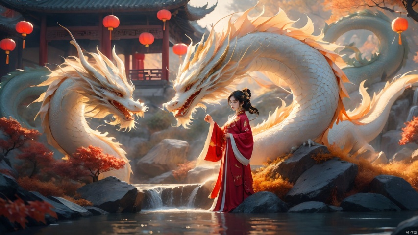 The girl and the Chinese dragon,Chinese dragon,1girl,autumn,autumn leaves,Chinese Hanfu,squama ,The hair on the faucet,Ultimate details,Dragon horn,The graceful and winding dragon body,black hair,dragon,Shuitan,dragon horns,The girl stood on a stone by the pool, leaning sideways, appearing small and full body,eastern dragon,horns,long hair,rock,scales,splashing,standing,very long hair,wading,water,waterfall, Chinese dragon, glow