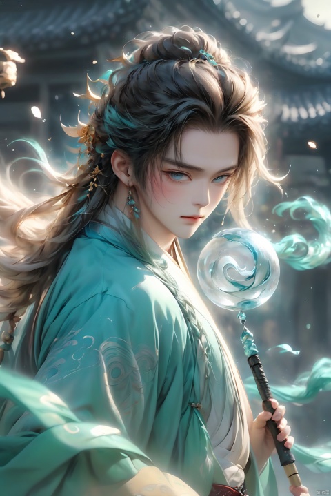 Wind Magic, 1 boy, dynamic pose, holding wind spiral ball, cyan energy spiral ball, spiral, long trailing energy spiral tail, water color hair, depth of field, eyelashes, hair accessories, jewelry, lips, long hair, look at the audience, reality, solo, upper body, water, ancient Chinese Hanfu, wind, glow, hand