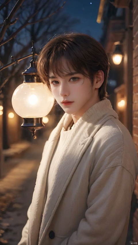 1boy,brown eyes,brown hair,coat,scarf,Bangs,outdoor,standing,White sweater,night,lamp,sweater,lips,looking at viewer,realistic,Long hair,solo, glow, BY MOONCRYPTOWOW, 1 boy