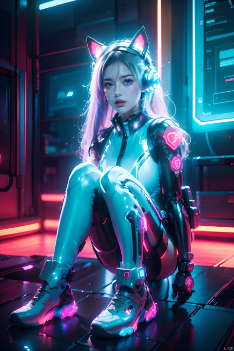  Optical particle,1girl,Future style gel coat,Future Combat Suit,animal ears,bodysuit,breasts,cat ear headphones,computer,hand on headphones,Glowing Clothing,Future Technology Space Station,full body,Sitting posture,Clothing with multiple light sources,headphones,headset,laptop,long hair,looking at viewer,motor vehicle,robot ears,science fiction,sitting,solo,Purple hair, glow, BY MOONCRYPTOWOW,(holographic projection), (cyberpunk style), (mechanical modular background), (Luminous circuit) (Flashing neon light) (Blue illuminated background) (Background blurring treatment), Light-electricstyle,shining,机械耳机