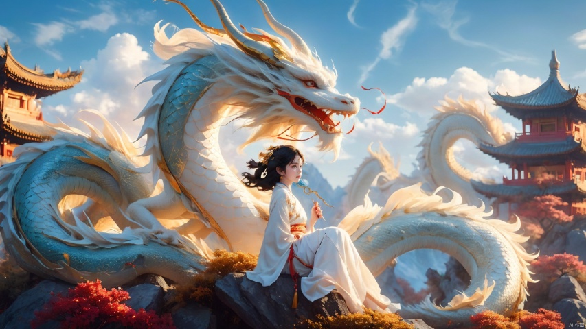 The girl and the Chinese dragon,Chinese dragon,1girl,bare shoulders,black hair,squama ,The hair on the faucet,Ultimate details,Dragon horn,blue sky,cloud,Close range,White Dragon,Golden Dragon Horn,The dragon head is suspended above the girl,The girl sat next to the dragon, on a rock, looking at the camera,Open the dragon's mouth,day,dragon,dress,eastern dragon,long hair,oversized animal,petals,scales,sky,solo,teeth,wind, Chinese dragon, glow