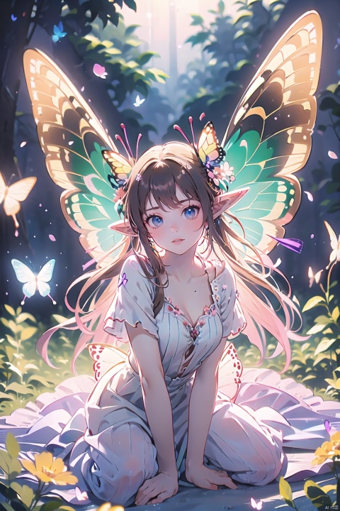  1girl,Butterflies on the Head, antennae, blue butterfly, blue wings, blurry, blurry background, brown hair, butterfly, butterfly hair ornament, butterfly on hand, butterfly wings, cleavage, fairy, fairy wings, flower, flying, glowing butterfly, glowing wings, green wings, hair ornament, ice wings, insect wings, lips, long hair, medium breasts, motion blur, multicolored wings, nature, pink wings, pointy ears, purple wings, solo, transparent wings, white butterfly, white wings, wings, yellow butterfly, yellow wings,Dawn Elf,dawn,glow,Glowing wings,Dress,Multiple butterflies,Glowing Butterfly,Super large wings