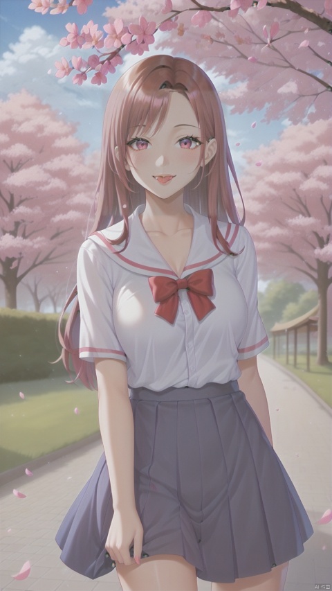 park,sky,day,skirt,bow,long hair, straight hair,smile,tongue out,fang,1girl,upper body,cherry blossoms