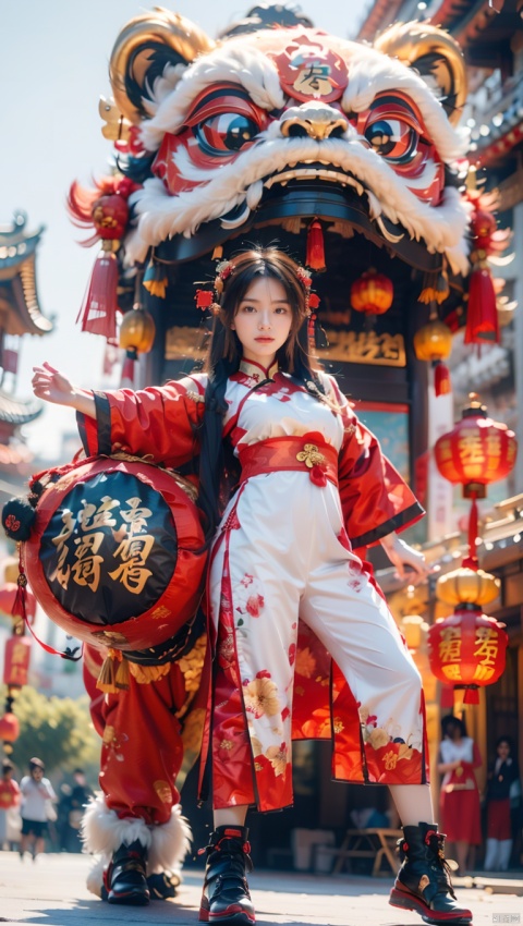  1girl,Chinese New Year,Welcoming Spring Girl,Spring welcome clothing,Hanfu,Chinese knot,Upper body,Red Theme,Red and white clothing,The dancing lion head on the head,Headwear,The metal mech behind it,Lion Dance,full body,ancient Chinese architecture,Red Lantern,Zhang Deng Jie Cai,Full of joy and joy,Spring Festival couplets,Ancient Chinese script,Brown eyes,Clothing printing, (\shi shi ru yi\),moyou