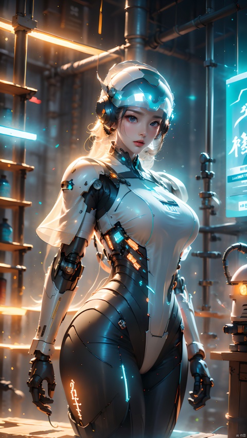  1girl,Dynamic pose,mechs,Mecha girl,White mech,Solo,Mechanical limb,droid,the detail,super detailing,(Huge robotic arm),（Huge mechanical fuselage）,（Huge mechanical legs）,super mecha,Long legs,Earphone,(shelmet:1.5),Glowing,inside in room,Masterpiece, Best quality,Joel Brier, Cinematic lighting, Professional lighting, solofocus,Sharp focus, cinematic shadow, robot, glow, Wen Dao Sheng Zun,Multi energy text,Energy pairing,Glowing Text,Transparent text,The Energy Behind Chinese Characters ,glow,Hazy light,Floodlight,Light effects,Optical particle,Luminous,High brightness contrast,1boy