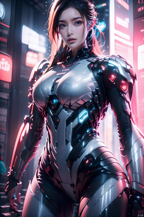  1girl,Future style gel coat,Future Combat Suit,armor,blurry background,bodysuit,breasts,building,Glowing Clothing,Shoulder mecha,Oblique lateral body,Above the knee,Grey gel coat,Upper body,Clothing with multiple light sources,city,cowboy shot,cyberpunk,depth of field,looking at viewer,medium breasts,realistic,science fiction,solo,standing,机械耳机, Aerospace mecha