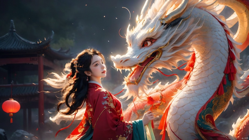 The girl and the Chinese dragon,Chinese dragon,1girl,Chinese Hanfu, Chinese dragon, glow