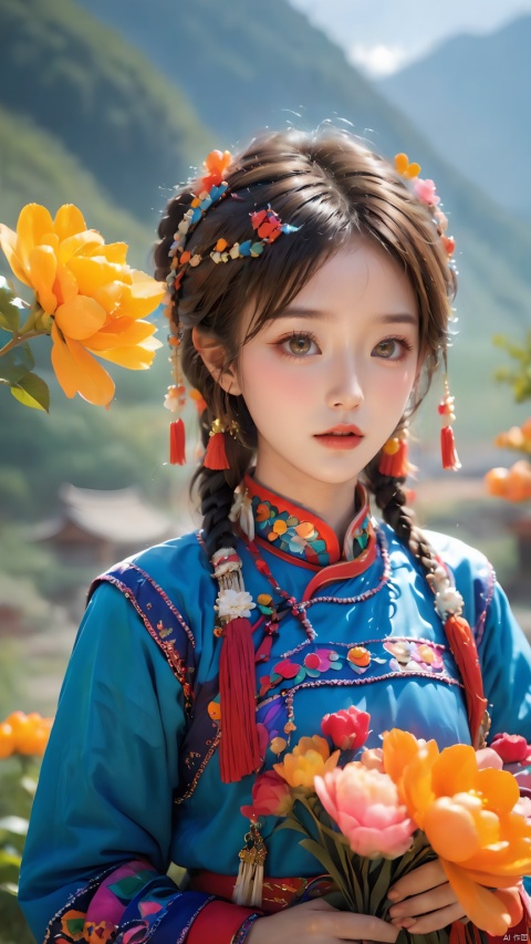  1girl,(Dynamic Pose:1.5),Chinese Yi ethnic clothing,A girl of the Yi ethnic group wears a colorful national dress and a garland of flowers. She holds a flower in her hand, and her eyes are full of tranquility and vitality, 1girl