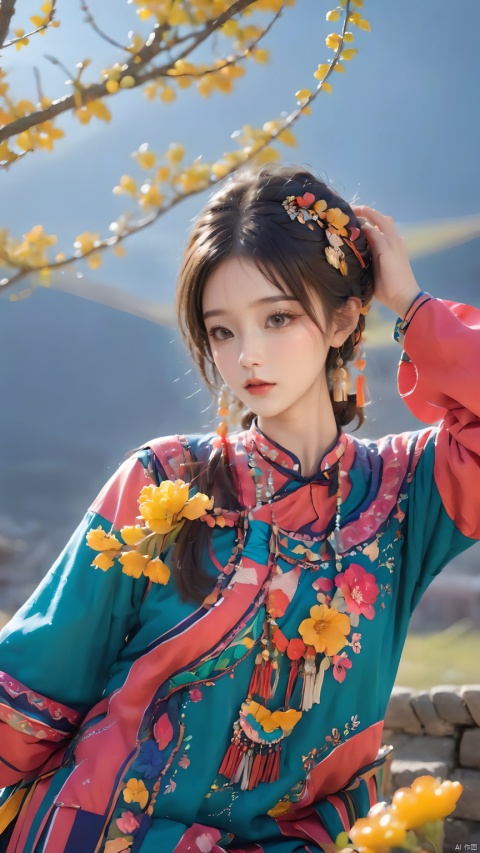  1girl,(Dynamic Pose:1.5),Chinese Yi ethnic clothing,A Yi girl wears a colorful double-breasted blouse with a delicate embroidered pattern on the hem of her dress and a beautifully hand-woven wreath, 1girl