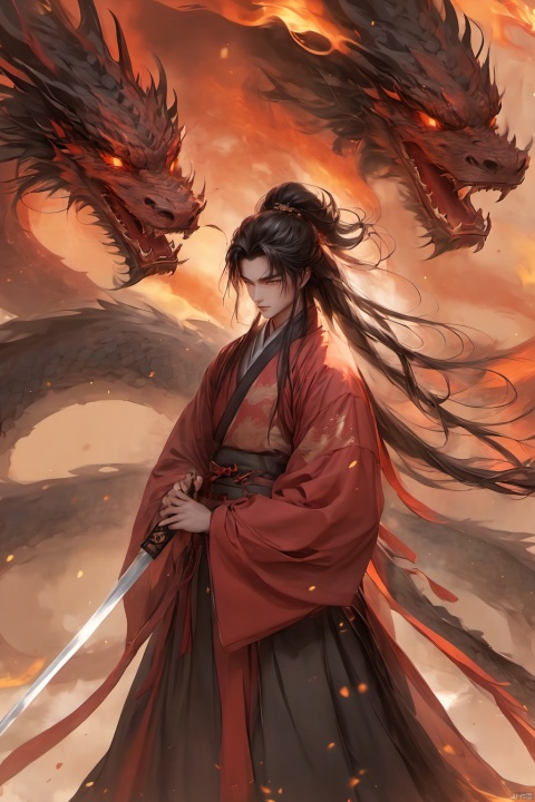  (masterpiece, best quality:1.5), smoke dragon,1 boy, black hair, Breathing fire, combustion, ember, whole body, Keep, Keep sword, Keep arms,dark magic,Ancient Chinese Hanfu, long hair, long sleeves, looking at the audience, male focus, Red theme, alone, Permanently installed, sword, very long hair, arms