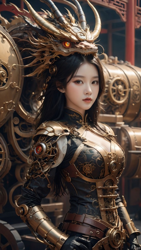 Complex mechanical structure of the Chinese dragon,Steampunk,Machinery Chinese Loong,1girl,armor,Precision structure,Looking at the camera,Chest protective goggles,Precision armor at the knee,Sitting on machinery,details,black hair,lips,long hair,steampunk,weapon, 1girl