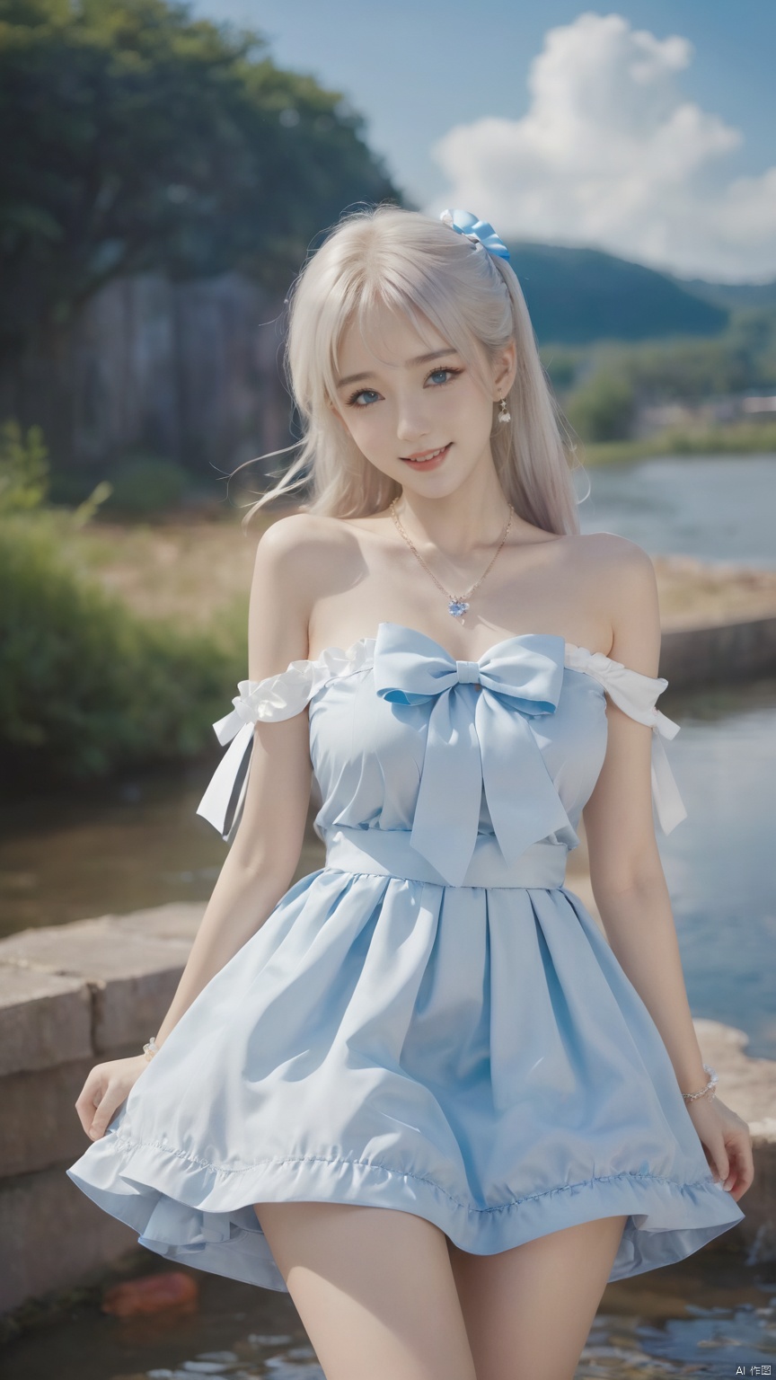 best quality, masterpiece, realistic, ,(Good structure), DSLR Quality,Depth of field,kind smile,looking_at_viewer,Dynamic pose, 1girl, solo, long hair, , looking at viewer, blush, , bangs, blue eyes,, dress, bow, , bare shoulders, jewelry, very long hair, collarbone, ponytail, white hair, hair bow, thighs, outdoors, sky, sleeveless, day, cloud, water, necklace, white dress, hair over one eye, bracelet, blue sky, blue bow, wading, pendant, doll, skirt hold, rainbow, anastasia \(fate\), , , linghua