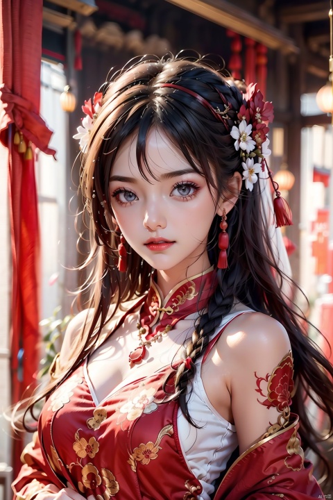  Bride in wedding attire,1girl,Red wedding dress, bare shoulders, black hair, blurry background, breasts, chinese clothes, closed mouth, curtains, depth of field,earrings,printing,necklace,earring,dowry,dragon， grey eyes, hair ornament, hairband, jewelry, lips, long hair, looking at viewer, medium breasts, own hands together, red lips, solo, tassel, upper body