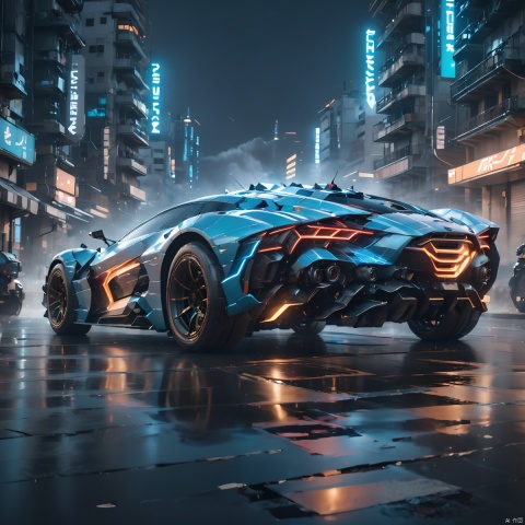  A super mecha combat vehicle, （sports car：1.5）, future technology, complex structure, luminous sports car, multi-light sports car, mecha structure, luminous headlights, line light on the car body, driving in the street, buildings, cities, ruins, smoke, depth of field, (best quality, masterpiece, 16k:1.5), circuitboard