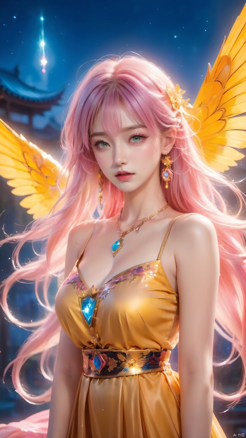 1girl,Bangs, off shoulder, colorful_hair, ((colorful hair)),golden dress, yellow eyes, chest, necklace, pink dress, earrings, floating hair, jewelry, sleeveless, very long hair,Looking at the observer, parted lips, pierced,energy,electricity,magic,tifa,sssr,blonde hair,jujingyi, wangyushan, dofas, forehead mark