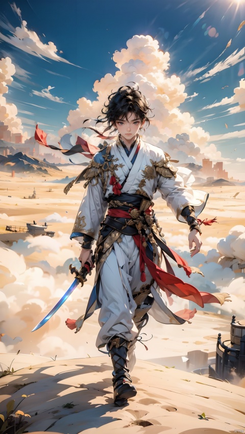 1boy, flying in the clouds, a lot of clouds, a lot of smoke, dynamic posture, holding a sword, wind, walking in the clouds, now on the clouds, fisheye lens, overlooking, medium-term perspective, whole body, a lot of clouds at the feet, best quality, masterpiece, 8k, details.