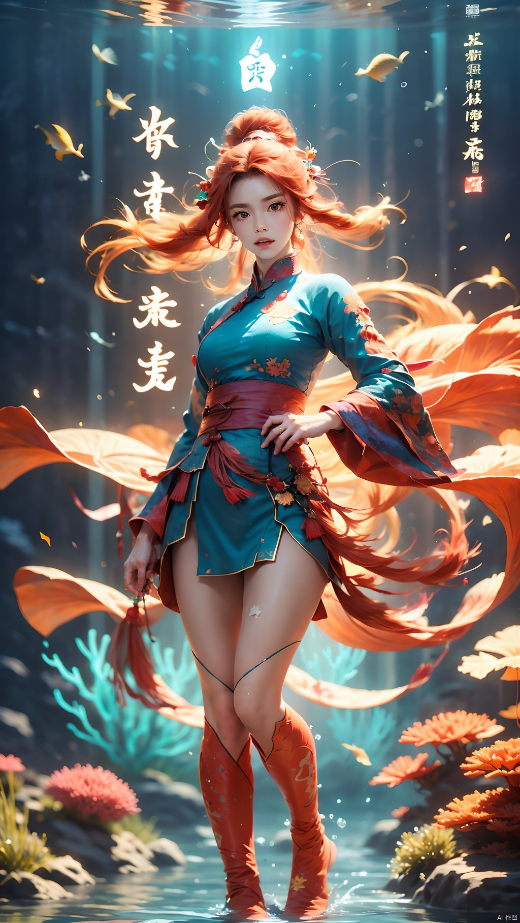 Coral Girl, a woman wearing blue and orange clothing standing in front of a coral reef, 1 girl, fiery red hair, full body, jewelry, long hair, makeup, orange hair, solo, standing, water, floating coral behind, super many corals, dynamic posture, floating hair, Wen Dao Sheng Zun, Multi energy text,Energy pairing,Glowing Text,Transparent text,The Energy Behind Chinese Characters 