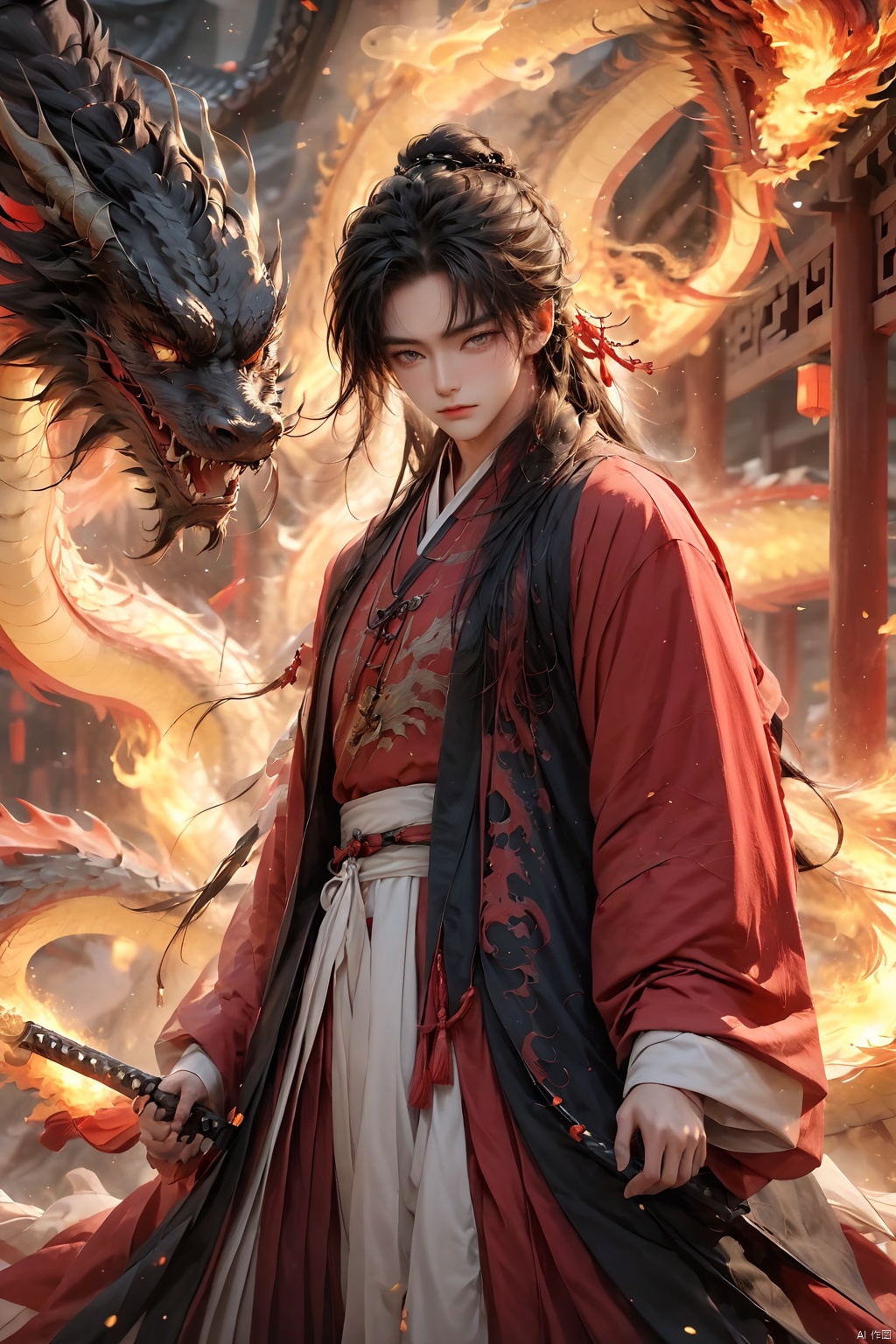  (masterpiece, best quality:1.5), smoke dragon,1boy, black hair, Breathing fire, combustion, ember, whole body, Keep, Keep sword, Keep arms,dark magic,Ancient Chinese Hanfu, long hair, long sleeves, looking at the audience, male focus, Red theme, alone, Permanently installed, sword, very long hair, arms, 1BOY, glow