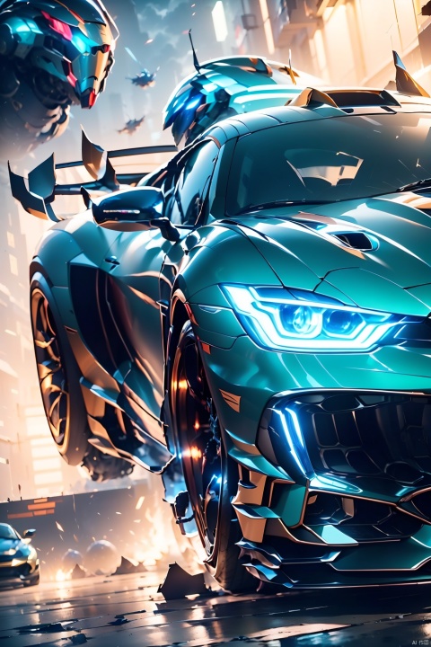 A super sports car, the front of which is facing the camera, has luminous headlights, multi-light sports car, luminous sports car, behind which there is a huge robot, robot, multi-light mecha, luminous mecha, best quality, masterpiece, 8k, unreal 5 engine rendering.