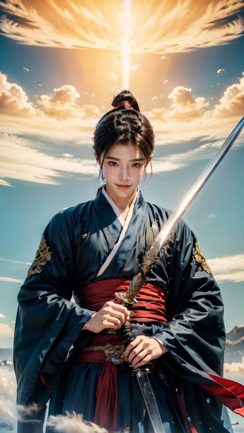  (1boy:1.5),（Soaring through the clouds and mist：1.5）,black hair,A large amount of fog,（Standing on the Cloud：1.5）,(Clouds covering the ground:1.5),levitate,No ground,cloud,cloudy sky,evening,gradient sky,high ponytail,holding sword,Massive Clouds,Holding a long stick,Red and blue clouds,Upper body,Hanfu,long hair,male focus,outdoors,ponytail,sky,smile,solo,sword,twilight,wide sleeves, 1 boy, mech