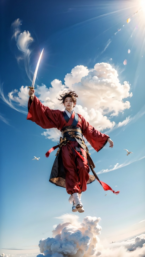 1boy, Hanfu, flying in the air, a lot of clouds, a lot of smoke, dynamic posture, holding a sword, wind, walking on clouds, fisheye lens, overlooking, medium vision, whole body, a lot of clouds at the feet, best quality, masterpiece, 8k, details.