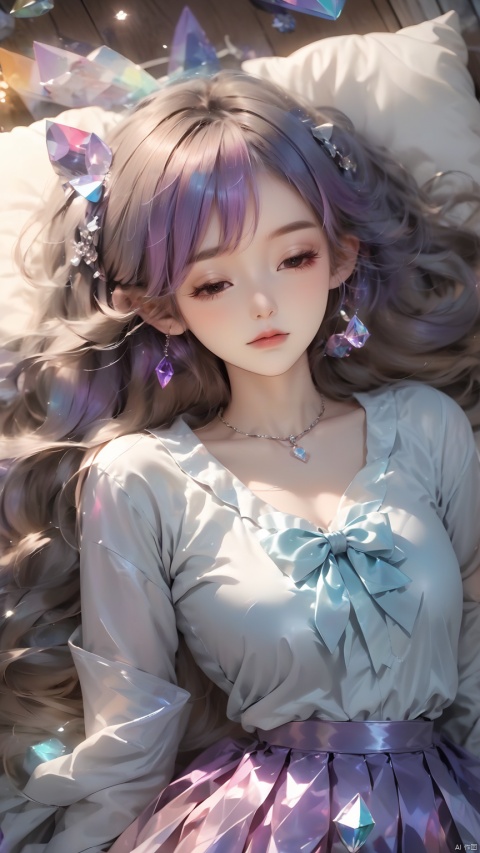 (masterpiece, best quali),1girl, solo, lying, on back, cellphone, closed eyes, bow, pillow, socks,  hair ornament, pleated skirt, sleeping, earphones,  on bed, indoors, long hair, bowtie, blush, bed, hairclip, black socks, long sleeves,  earbuds, breasts, wooden floor, from above, hair ornament, gradient hair,nahida (genshin impact),Crystal Girl, Colorful crystal decoration,Crystal necklace,Crystal on the body,Floating Colorful Crystal,Purple gradient hair,1girl, hand