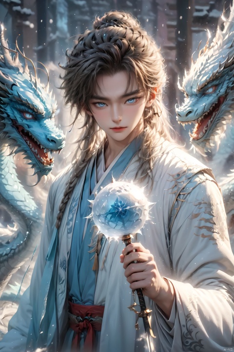  (masterpiece, best quality:1.5), 1boy, blue eyes, closed mouth, eyelashes, face, floating hair, glowing, holding,Ice Magic,Ice crystal,Icicles,ice,Chinese Ice Dragon, holding weapon,Chinese clothing, looking at viewer, male focus, solo, sword, weapon, white hair, 1BOY, glow