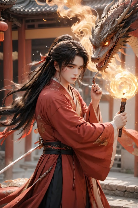  (masterpiece, best quality:1.5), smoke dragon,1boy, black hair, Breathing fire, combustion, ember, whole body, Keep, Keep sword, Keep arms,dark magic,Ancient Chinese Hanfu, long hair, long sleeves, looking at the audience, male focus, Red theme, alone, Permanently installed, sword, very long hair, arms, 1girl, 1BOY