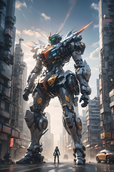  (masterpiece, best quality:1.2),Giant mecha,Vital Suits ,building,Car tire structure feet,car,city,city lights,cityscape,cloud,day,destruction,east asian architecture,ground vehicle,Complex mecha structure,Looking up,Multicolored mecha,Half squat posture,full body,Super complex mechanical structure,mecha,outdoors,radio antenna,realistic,road,ruins,science fiction,skyscraper,street,traffic light,1girl