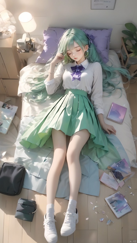 (masterpiece, best quali),1girl, solo, lying, phone, on back, cellphone, skirt, closed eyes, bow, pillow, smartphone, socks, shirt, hair ornament, pleated skirt, sleeping, earphones, white shirt, school uniform, on bed, indoors, long hair, bowtie, blush, bed, hairclip, black socks, long sleeves, grey skirt, earbuds, breasts,open mouth, bag, school bag, collared shirt, no shoes, open skirt, small breasts, wooden floor, from above, black bowtie, white hair,green hair,hair ornament, gradient hair,nahida (genshin impact),Crystal Girl, Colorful crystal decoration,Crystal necklace,Crystal on the body,Floating Colorful Crystal,Purple gradient hair,1girl, hand